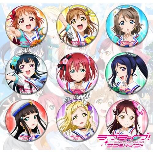 1pcs 58MM Anime Badge Lovelive Sunshine!! Aqours Tsushima Chika Yoshiko Kurosawa Dia BADGE Pins BROOCH Kawaii Badge