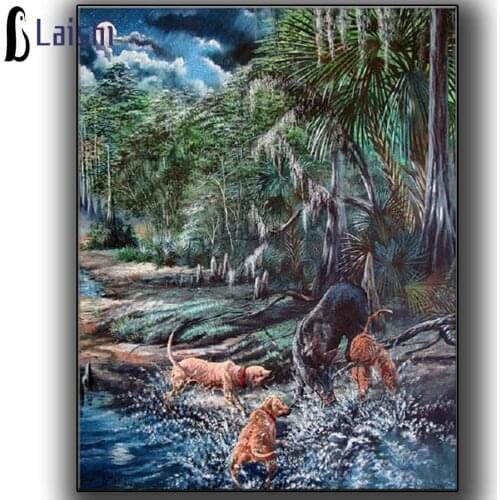 Diamond Painting Hunting dog and wild boar fighting, natural forest landscape Rhinestone Diamond Embroidery,diamond Mosaic Sale