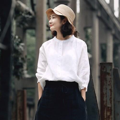 Women Spring Summer Linen three quarter Sleeve Blouse Solid Color Tops Ladies Vintage Shirt Female Flax Blouse