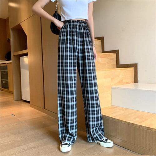 High waist slim fit wide leg pants draped elastic waist plaid trousers wild plaid summer Korean womens New Pop casual pants