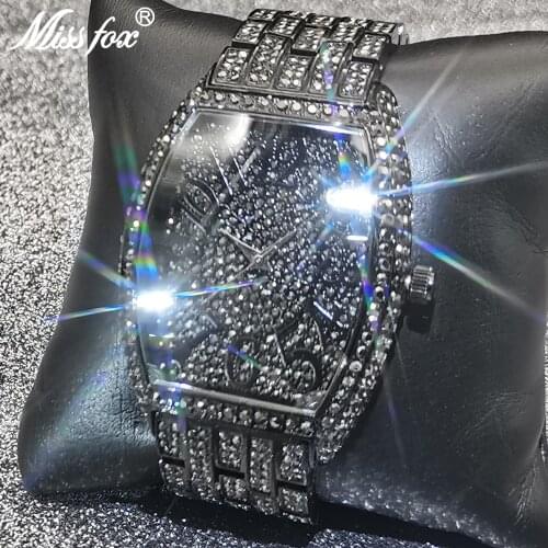 New Men Watches MISSFOX Tonneau Luxury Full Diamond Black Quartz Watch Top Brand Waterproof Dive Big Dial Clocks Male Jewelry