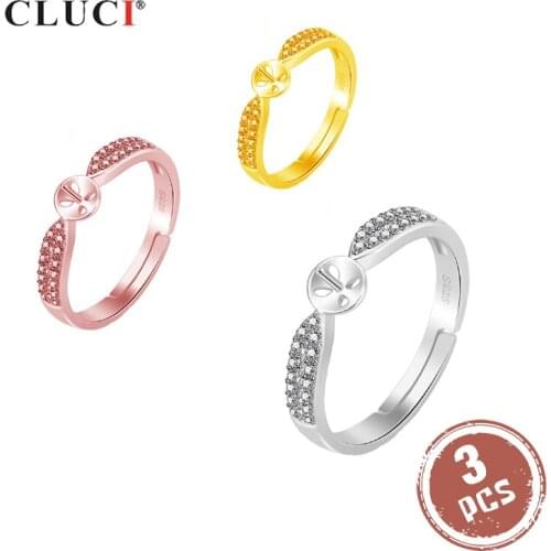 CLUCI 3pcs 925 Sterling Silver Rose Gold Ring for Women Silver 925 Pearl Ring Mounting Adjustable Open Rings Jewelry SR2147SB