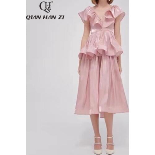 Qian Han Zi New Designer Fashion Summer Dress Womens V-neck Buttons Princess style Celebrities Slim Party ruffle dress