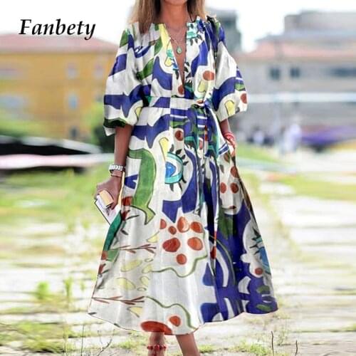 Autumn Elegant Deep V Neck Party Dresses 2020 Vintage 3/4 Puff Sleeve Patchwork Long Dress Women Floral Print Maxi Dress Vestido