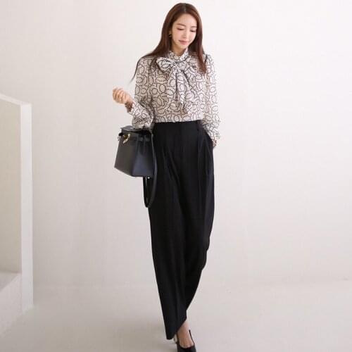 Fashion comfortable new arrival fresh formal women sets temperamental personality print shirt and black long pant elegant sets