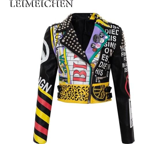LEIMEICHEN Punk Rivet Beading Leather Jackets Cartoon Girl Print Street Style PU Faux Leather Jacket Short Streetwear Coats