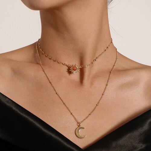 Trendy Crystal Sun Flower and Moon Necklace Pendant Double Layer Personality Simple Clavicle Choker Round Beads Necklace Jewelry