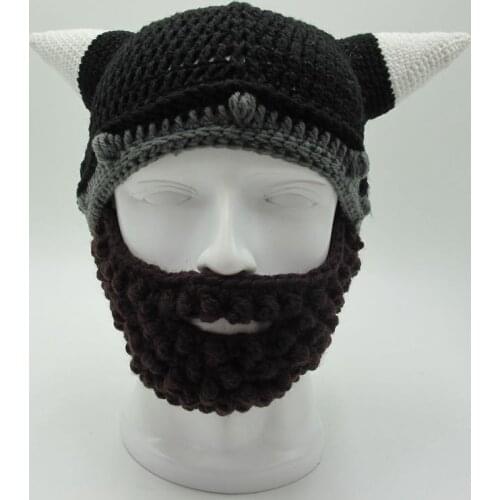 Mens Vikings Helmet Hat Horn Beard Gorro Fancy Dress Handmade Knit Winter Cap Warm Beanie Halloween Gift Vicking Party