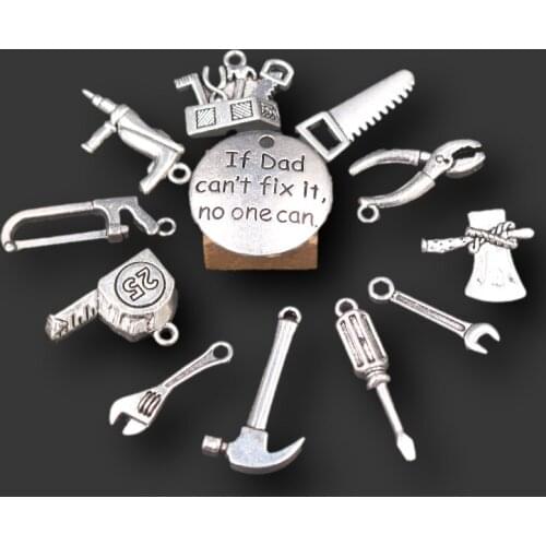 WKOUD 6pcs Silver Color mixed batch of Carpenter Tool Charm Necklace Bracelet DIY Metal Jewelry Alloy Pendants A1173