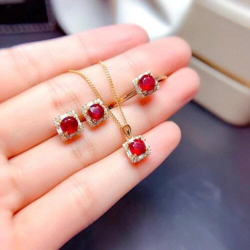 Personality Trend Ruby Set Natural And Real Ruby Jewelry Set 925 Sterling Silver 1pc Ring,1pc Pendant,2pcs Earring