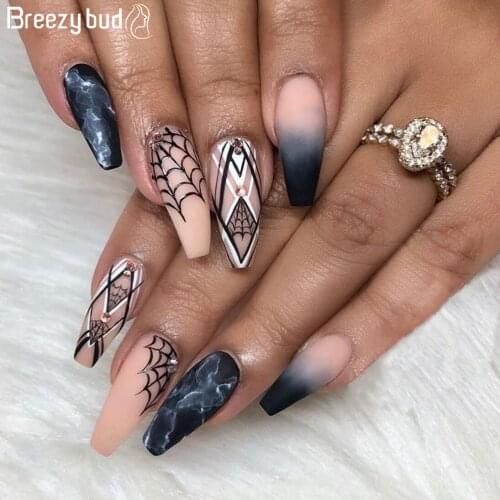 24pcs/set Halloween False Nails With Glue Flash Punk Pumpkin Nail Tips French Coffin Fake Nails for Girl Press On Nail Art Tools