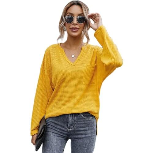 Autumn Womens Solid Color V-Neck Simple Top Patch Bag Decoration Waffle Fabric Fashion Leisure Commuting Suit Womens Wear 2021