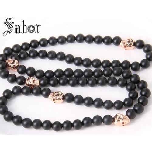 Natural Stone Obsidian Matt Beads Five Gold-color Skulls Necklaces European Most Fashion Jewelry Karma Necklace for Men thomas