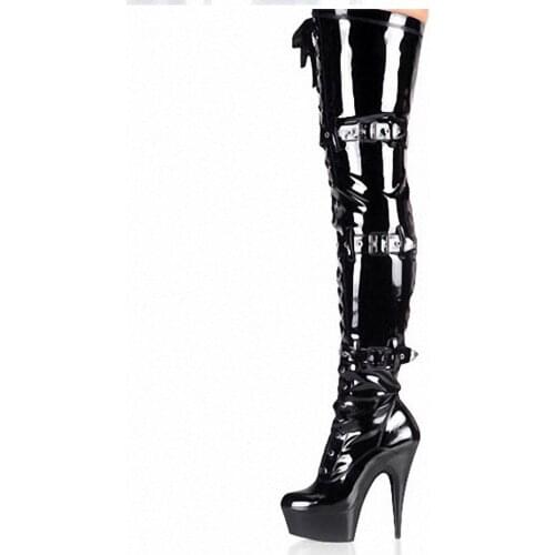 Sexy Pole Dance Leather Boots with High 15CM Stretch Boots Night Lace-up Belt Buckle Over The Knee Boots Model Catwalk Shoes