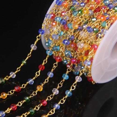 5Meters Gold Plated 3x4mm Multicolor Glass Faceted Rondelle Beads Chain,Glass Crystal Bead With Brass Wire Wrapped Rosary Chains