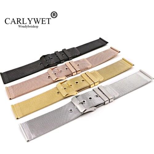CARLYWET 20 22mm Silver Black Rose Gold Stainless Steel Replacement Mesh Wrist Watch Band Strap Bracelet With Polished Buckle