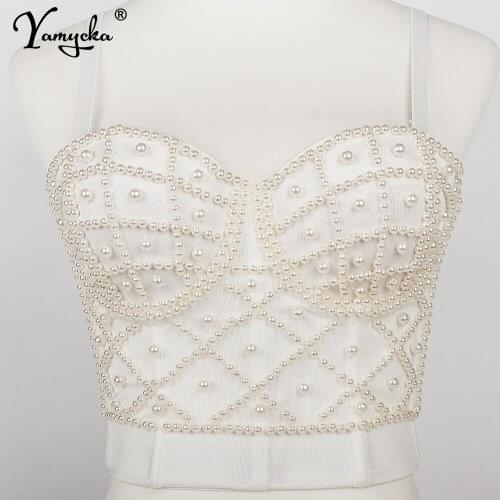 Sexy Black White pearl bustier corset crop top women summer halter Party y2k tank top Push Up bra night club Cropped womens tops
