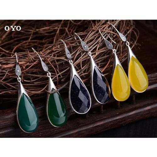 S925 sterling silver earrings inlaid with yellow green chalcedony blue sandstone national wind long drop ear ear jewelry new