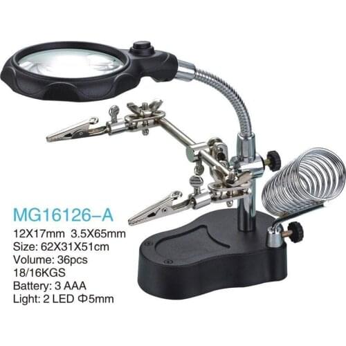 3.5X 12X Helping Hand portable LED Magnifier with Light, Soldering Stand MG16126-A for solder work magnifying glass