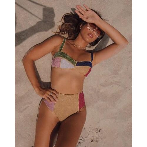 HIRIGIN Vintage Shiny Sequined Bikinis Set Women Swimwear Splicing High Waist Swimsuit 2 pieces Female Bathing Suit Beachwear