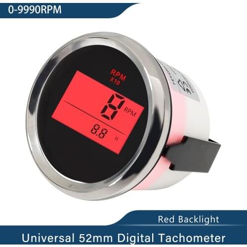Waterproof Digital Tachometer REV Counter RPM Gauge with Hour Meter 9990RPM 52mm 9-32V Red Backlight for Car Boat Universal