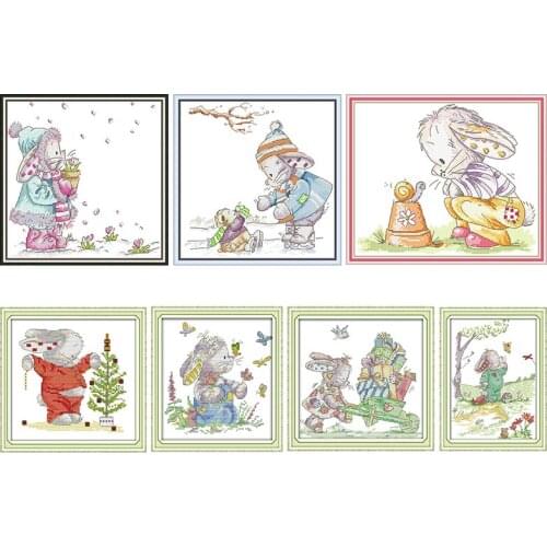 Joy Sunday Counted Cross Stitch Embroidery Needlework Bunny and Butterflies Patterns 11CT 14CT Printed Stamped Thread Decoration
