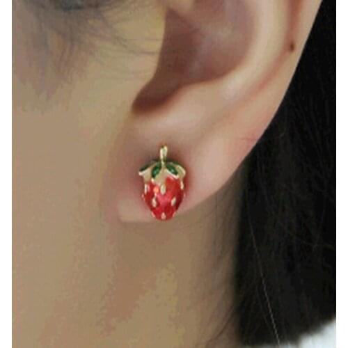 Vivid Pink & Red Strawberry Fresh Green Leaf Golden piercing Stud Earrings Women Fashion Jewelry