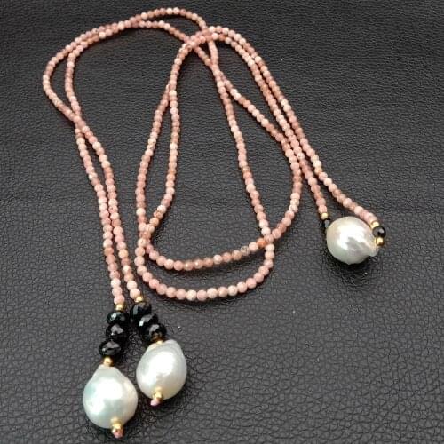 YYGEM 51'' Natural Black rondelle Spinel Faceted round Pink Rhodochrosite Keshi Pearl Long sweater chain NecklacE career women
