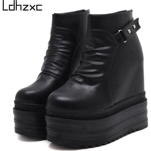 LDHZXC 2020 Fall Platform ankle Boots Women High Heels Female Shoes Zipper Open Metal Rivet Women Wedges Shoes Pleated Leather