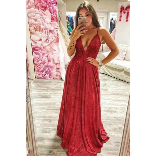 2021 Long Glitter Red Prom Dresses Spaghetti Straps Backless Aline Deep V Neck Sparkly Formal Evening Party Gowns Robe De Soiree