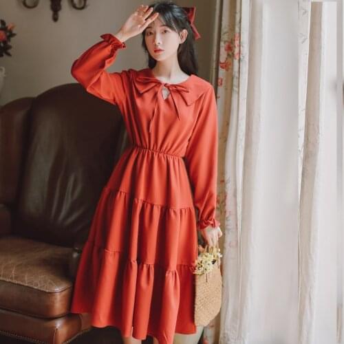 Spring Autumn Women Dress Vintage High waist Cotton Peter pan collar Slim Preppy Style Retro Sweet Female dresses 2020 HOT
