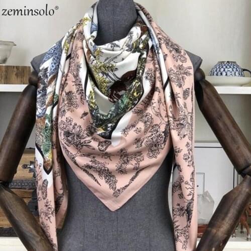 100% Twill Silk Scarf Women Large Shawls Flowers Print Stoles Square Scarves Bandana Hijab Kerchief Female Foulards 130*130cm