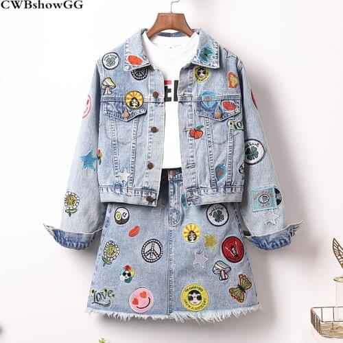 2020 Spring New Korean Plus Size Two-Piece Set Embroidered Patchwork Fashion Short Denim Jacket + Mini Skirt Two-Piece Set