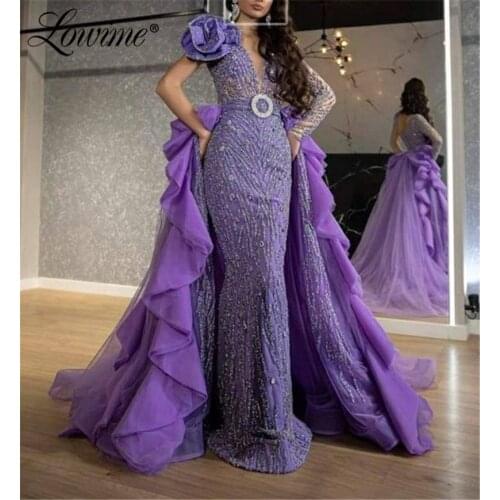 Dubai Glitter Purple Evening Dresses Turkish Islamic Formal Dress With Detachable Skirt 2020 Customized Saudi Arabia Party Dress