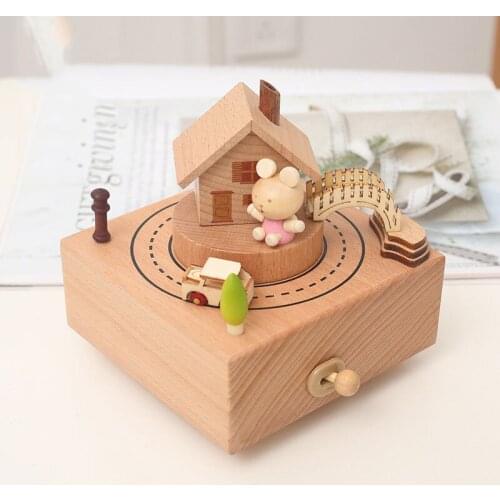 Wooden Cute Little Bear House car Music Box Movement Spin Hand Operated Creativity crafts Baby room Decoration Christmas gift