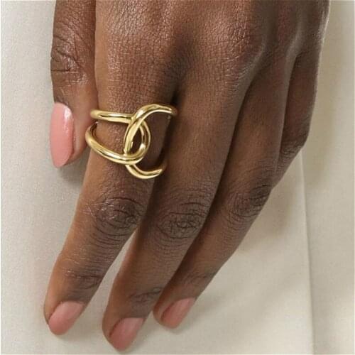 Glossy Gold Color Plated Irregular Line Geometric Adjustable Metal Ring Minimalist Vintage Rings for Women Gifts Party Jewelry