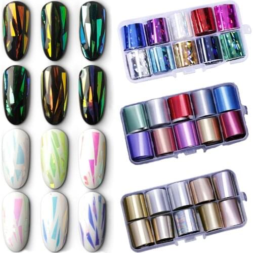 10Rolls/Box Holographic Nail Foil Sets Glitter AB Color Nail Art Transfer Stickers 2.5*100cm Manicure DIY Tips Sticker Decals