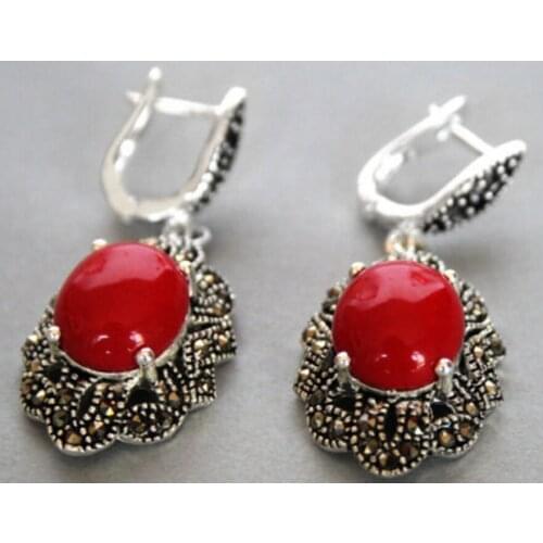 Hot Sell Vintage 925 Sterling Silver Red stone Marcasite Dangle Hook Earrings