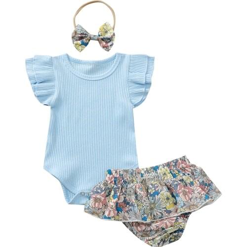 2021 Summer Three Piece Baby Girl’s Clothes Fresh Solid Color Fly Sleeve Romper and Flower Short Pants with Headband