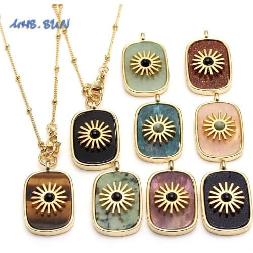 MHS.SUN Women/Men Natural Stone Necklace Rings Set Vintage Gold Rectangle Gems Jewelry Set Retro Style Necklace And Ring 1Set