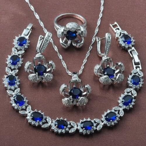 Silver Color Jewelry Sets Blue Crystal For Women Wedding Christmas Gift Earrings CZ Rings Bracelet Necklace Set YZ0617