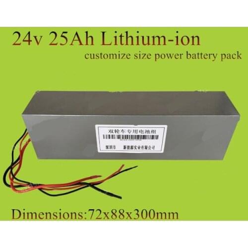 Battery 24v 25ah lithium ion 24v 24ah li-ion battery pack 24v 250w 350w 500w motor 12v 36v 48v customize size + 2A charger