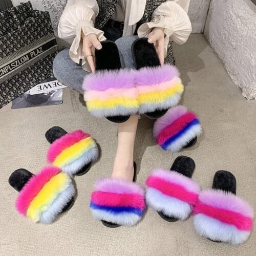 Mixed Colors Fur Winter Women Slippers Non-Slip Floor Indoor Home Furry Slippers Outdoor Wear-resistant Female Shoes 2021 New