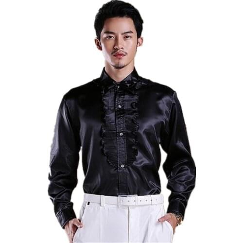 New Spring Men Shirt Fold Slim Fit Long Sleeve Mens Social Shirts Night Club Casual Party Tuxedo Blouse Men Prom Shirt 7 Color