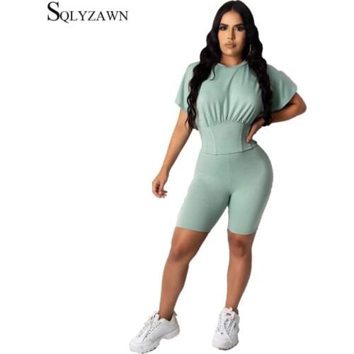 Solid Bodycon Women Matching Set Short Sleeve Fashion Casual Two Piece Outfits Basic Corset Pleated Tshirt and Biker Shorts Sets