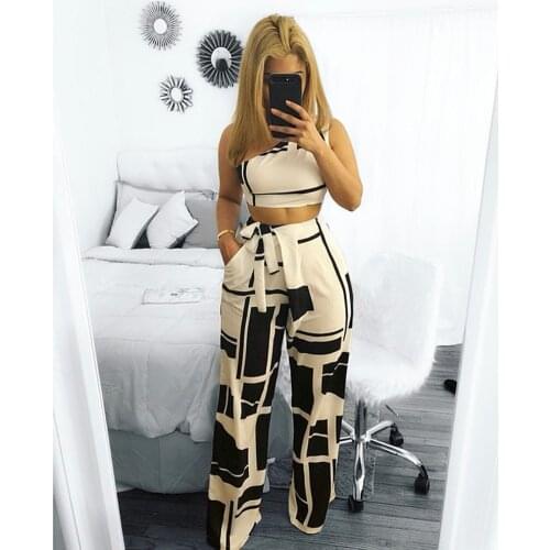 OMILKA One Shoulder Printed Two Piece Set Women 2020 Summer Sleeveless Crop Top and Wide Leg 2 Piece Set Club Party Outfits