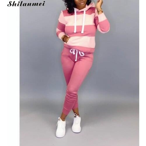 Autumn Witer Womens Set Tracksuit Full Sleeve Hooded Sweatshirt Pocket Pants Suit Casual Two Piece Set Striped Outfit Sweatsuit