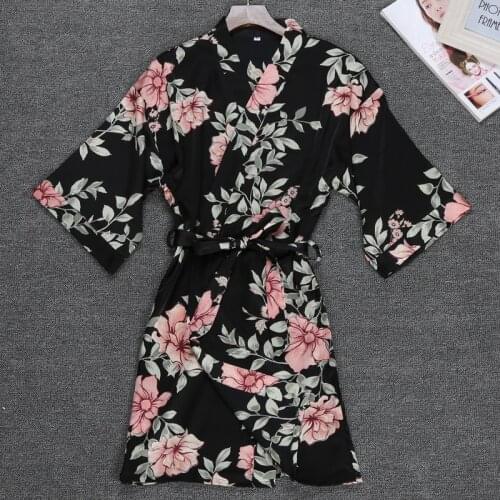 Black Flower Print Sexy Kimono Bath Robe Gown Half Sleeve Belt Loose Home Dress Spring Summer Nightwear Home Clothes M-XXL