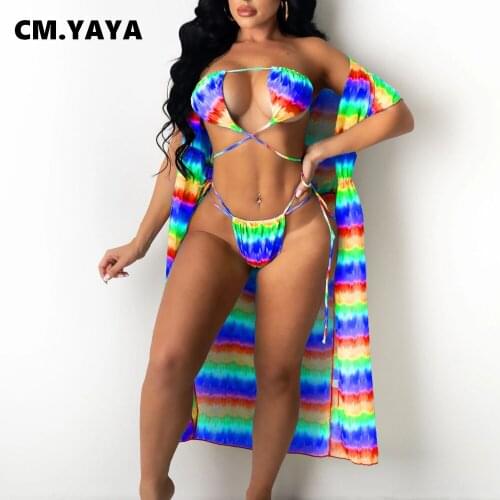CM.YAYA Gradient Tie Dye Print Bikinis Set with Cover-ups Three 2 Piece Set Beach Swimsuit