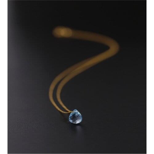 DAIMI Sky Blue Topaz Water Drop Pendant Female Gemstones Genuine Yellow 18K Gold Simple Necklace Ceremony